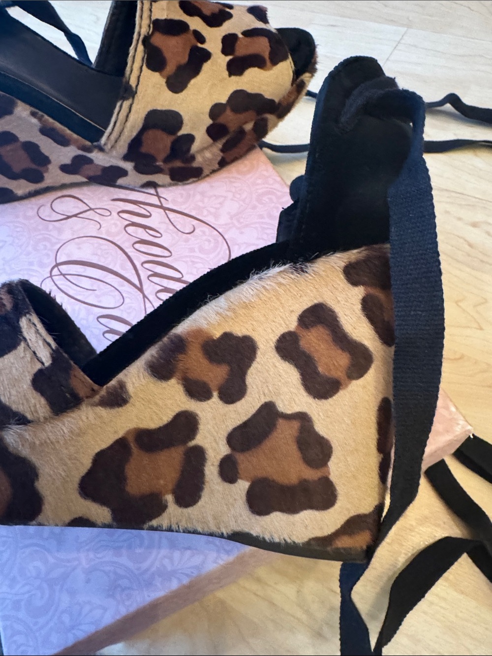 Theodora & Callum Leopard Print Wedge Sandals with Black Ankle Ties - Picture 3 of 7
